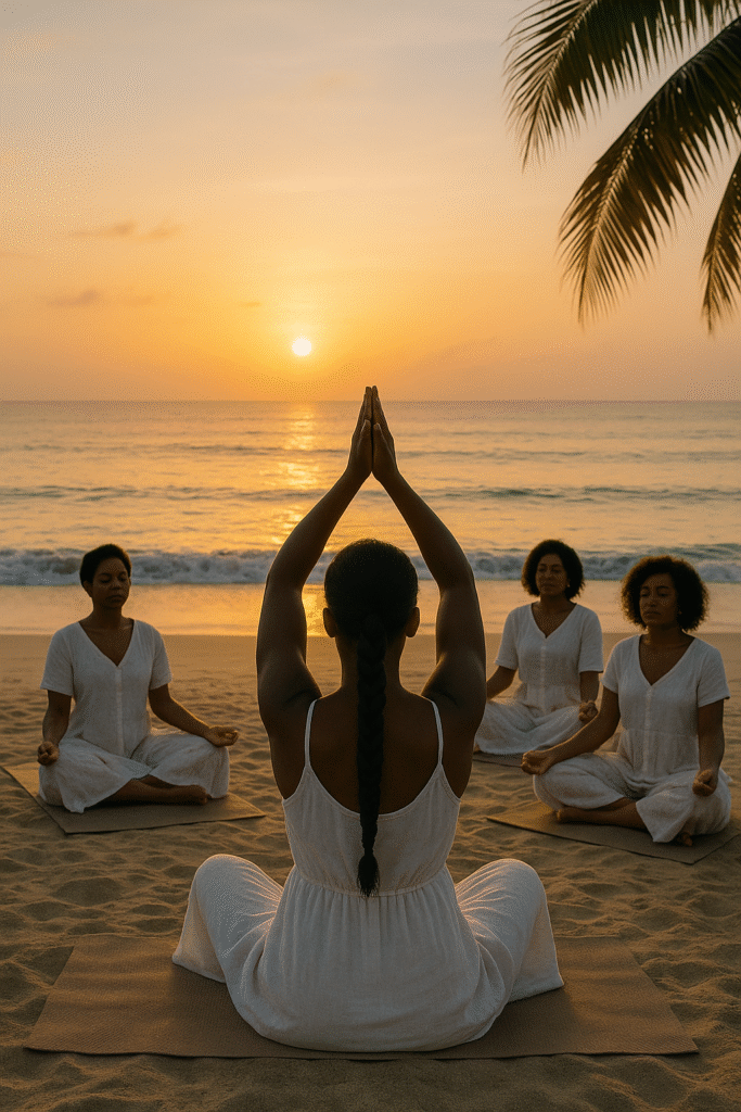 Four Black women practicing yoga at sunrise on Kokrobite beach, Ghana