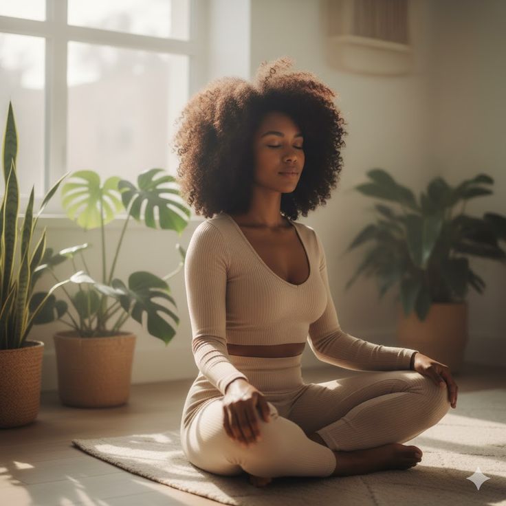 A woman meditating and seated in yoga