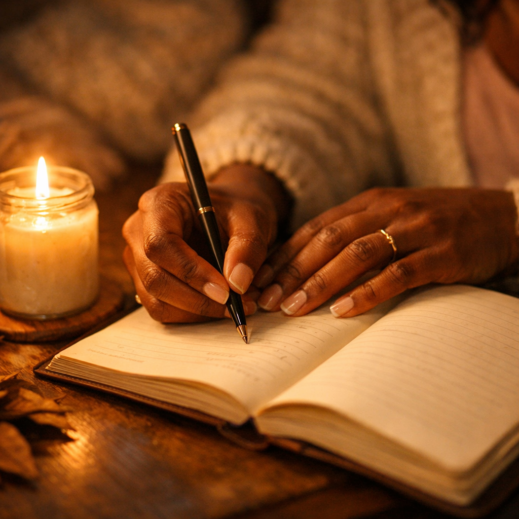 A closeup of a black woman journaling