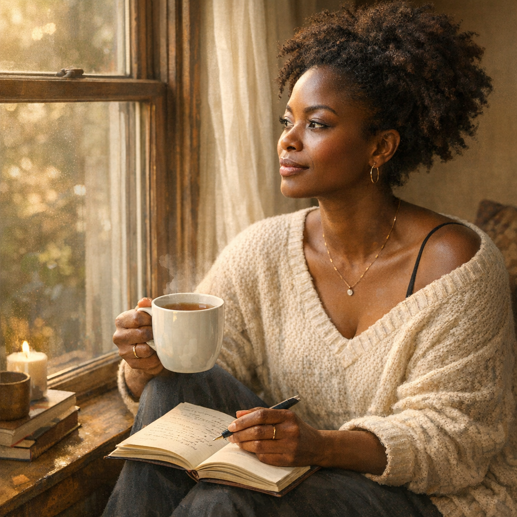 A black woman sitting by by the window journaling with a cup of tea 